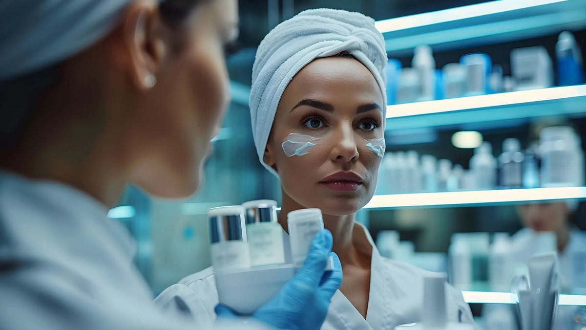 Cosmetic scientist testing skincare product in lab.