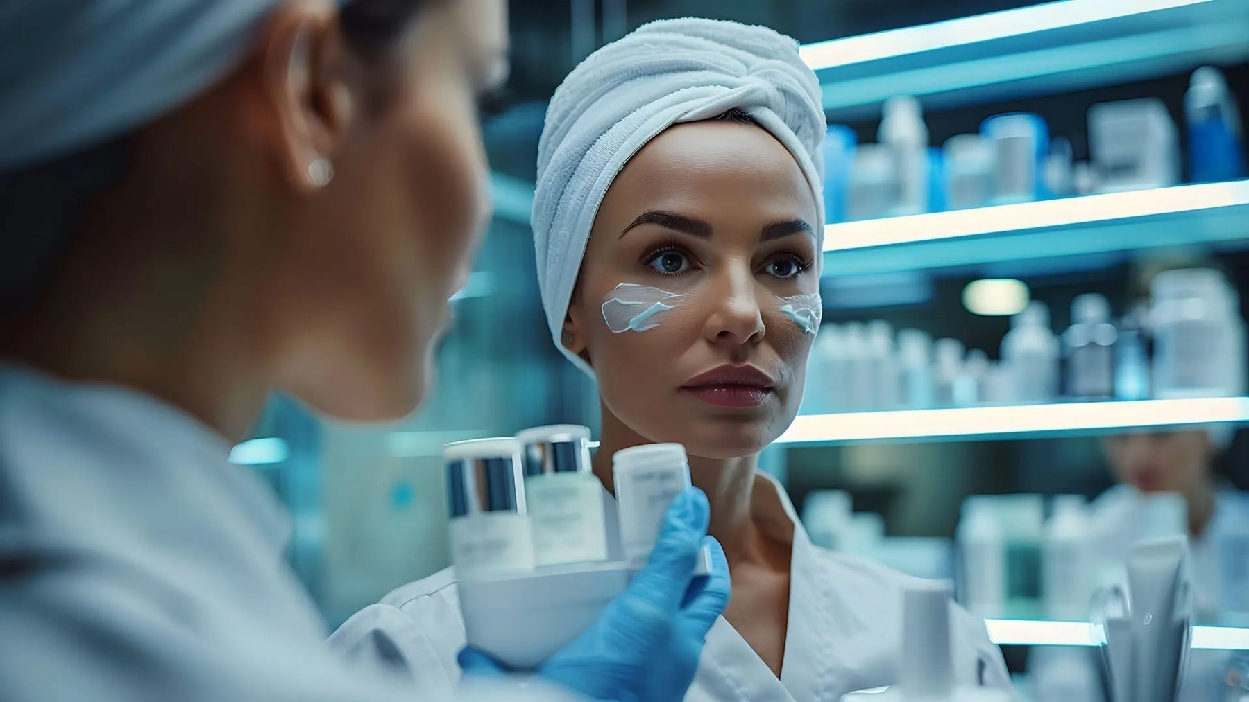 Cosmetic scientist testing skincare product in lab.