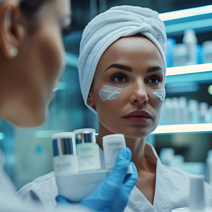 Cosmetic scientist testing skincare product in lab.