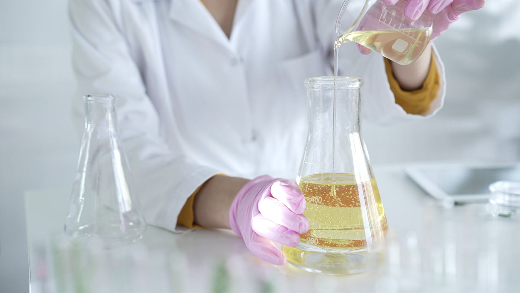 Cosmetic lab testing formulation with glassware and pipette for CPSR assessment and compliant cosmetic labeling