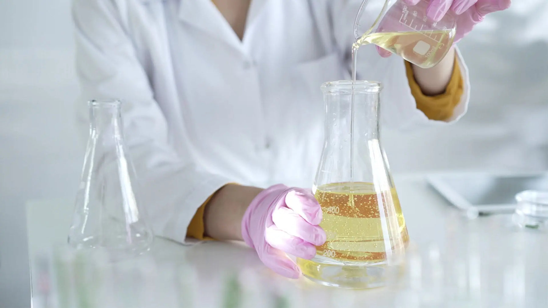 Cosmetic lab testing formulation with glassware and pipette for CPSR assessment and compliant cosmetic labeling