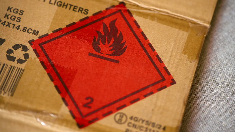 Flammable hazard label on a cardboard shipping box, the kind of marking that can trigger an Amazon hazmat review