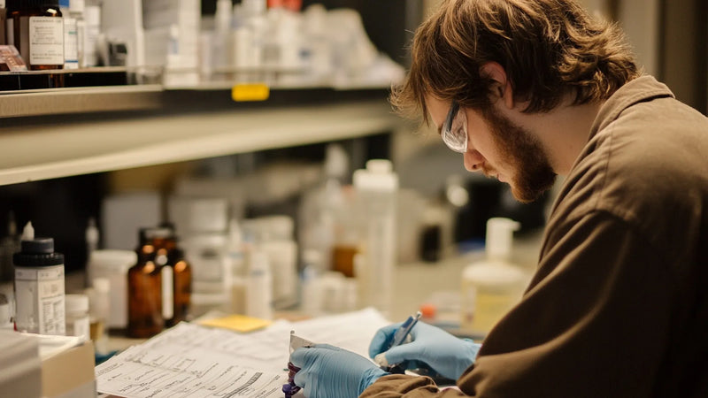 Cosmetic safety assessor reviewing laboratory reports to verify clean beauty