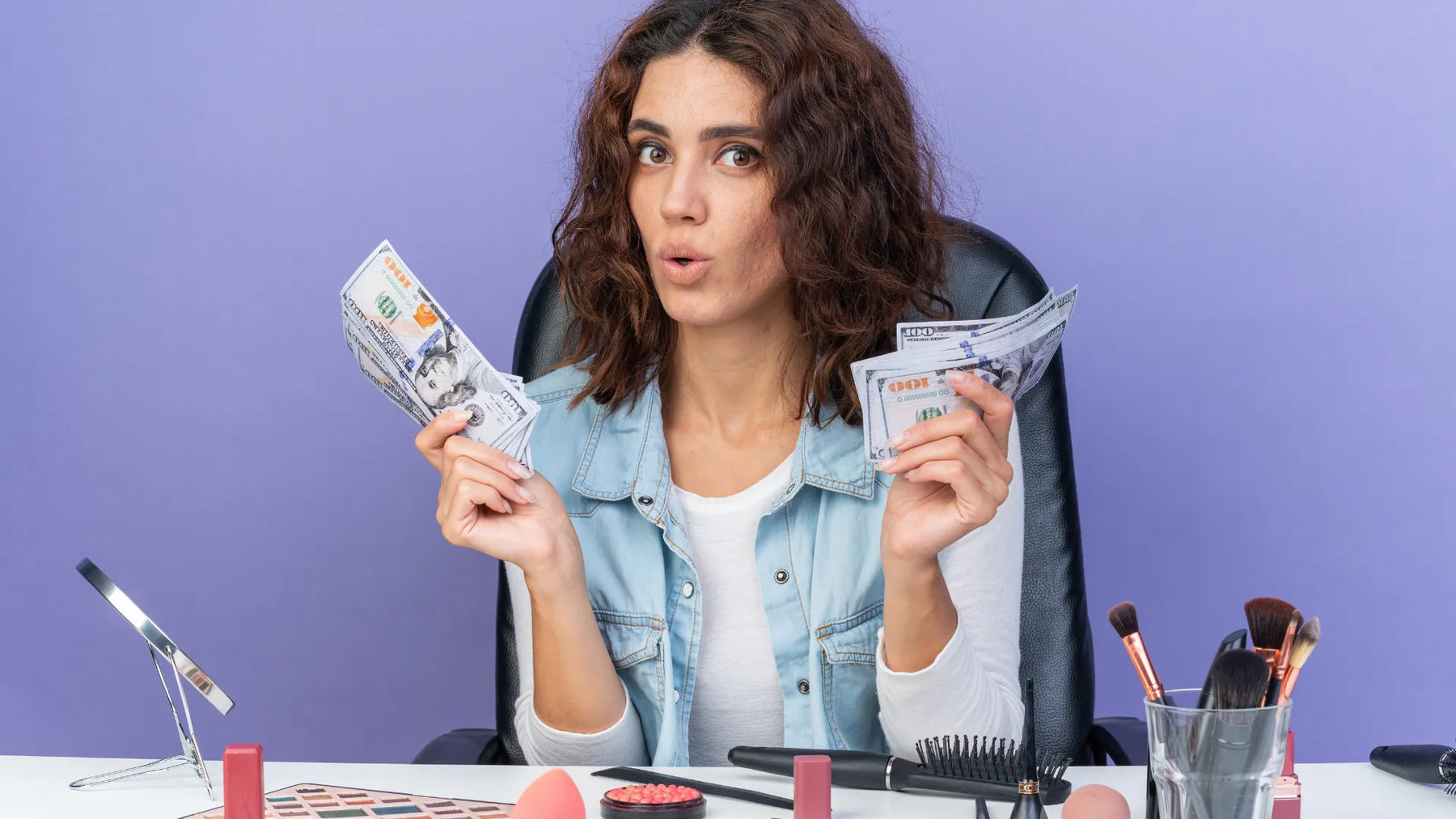 Cosmetic products and money representing CPSR costs, pricing, and cosmetic safety assessment expenses.