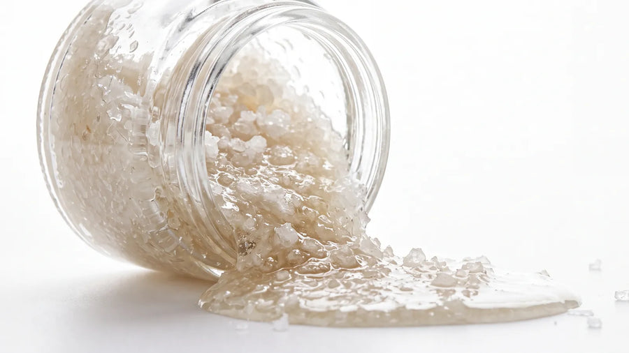 Sugar body scrub spilling from a glass jar, the kind of product a CPSR for body scrubs covers