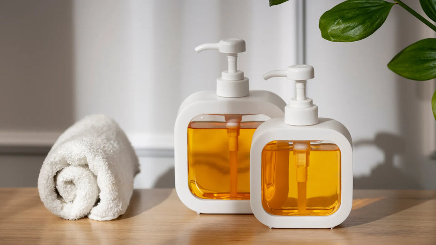 White pump bottles with amber liquid soap beside a rolled towel on a wooden surface in a clean spa setting.