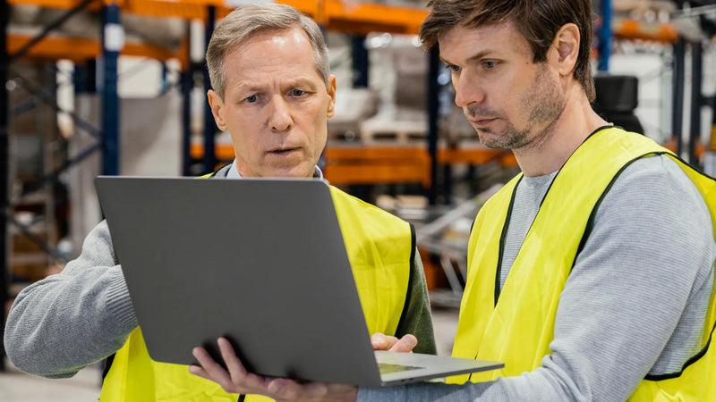 Warehouse staff reviewing Safety Data Sheets (SDS) to understand the differences between MSDS and SDS under the Globally Harmonized System (GHS) for UK product compliance.