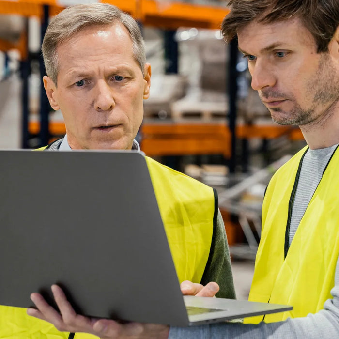 Warehouse staff reviewing Safety Data Sheets (SDS) to understand the differences between MSDS and SDS under the Globally Harmonized System (GHS) for UK product compliance.
