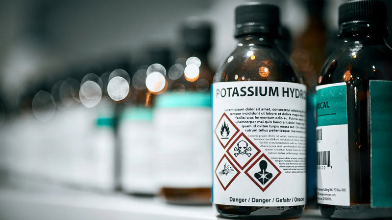 Amber chemical bottles with GHS hazard pictogram labels on a lab shelf, illustrating poison centre notification and UFI code rules