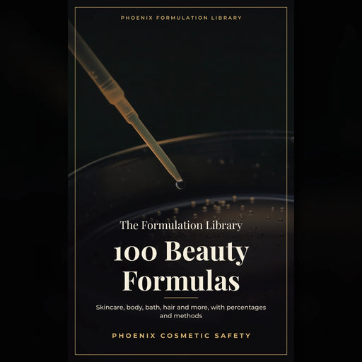 100 beauty formulas e-book cover, The Formulation Library cosmetic formulation guide by Phoenix Cosmetic Safety