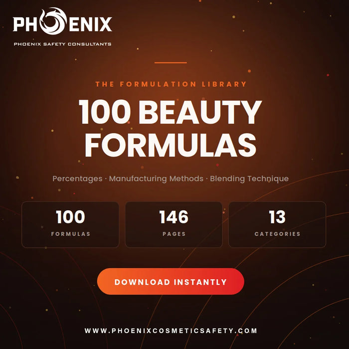 100 Beauty Formulas cosmetic formulation guide cover — 100 formulas, 146 pages, 13 categories