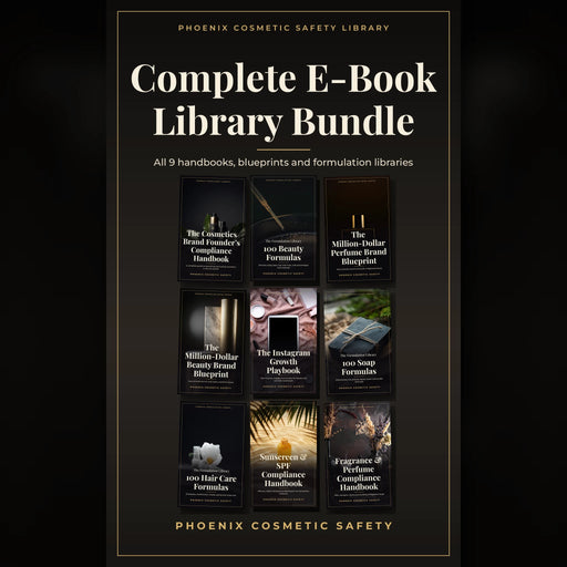 Complete e-book library bundle cover showing all 9 Phoenix Cosmetic Safety compliance, formulation and brand guides