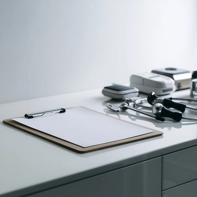 Medical device classification report on a clipboard beside device components on a clean lab bench