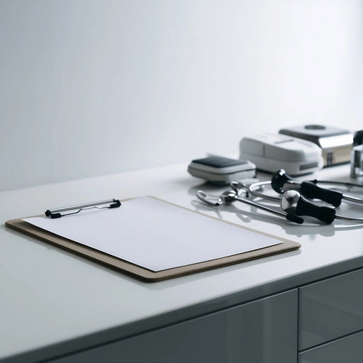 Medical device classification report on a clipboard beside device components on a clean lab bench