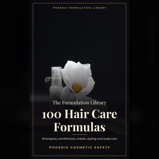 100 hair care formulas e-book cover, shampoo and conditioner formulation guide by Phoenix Cosmetic Safety