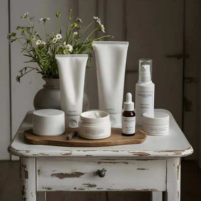 MoCRA essentials annual package: skincare tubes, jars and serum bottles on a white table