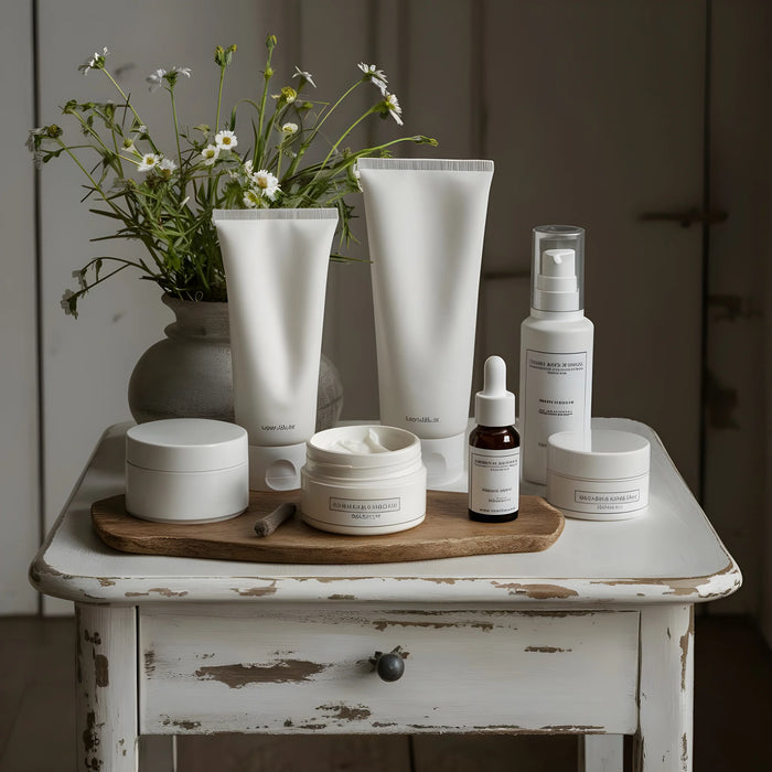 MoCRA essentials annual package: skincare tubes, jars and serum bottles on a white table