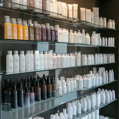 MoCRA product listing volume plans: shelves stocked with many cosmetic and skincare products