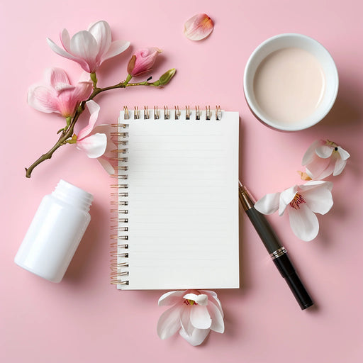 MoCRA adverse event reporting: notepad, pen and skincare cream on a pink desk with flowers