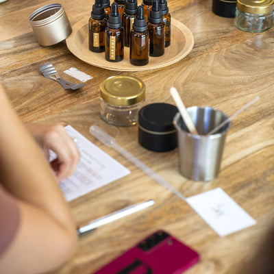 MoCRA small business exemption check: small-batch cosmetic workbench with dropper bottles