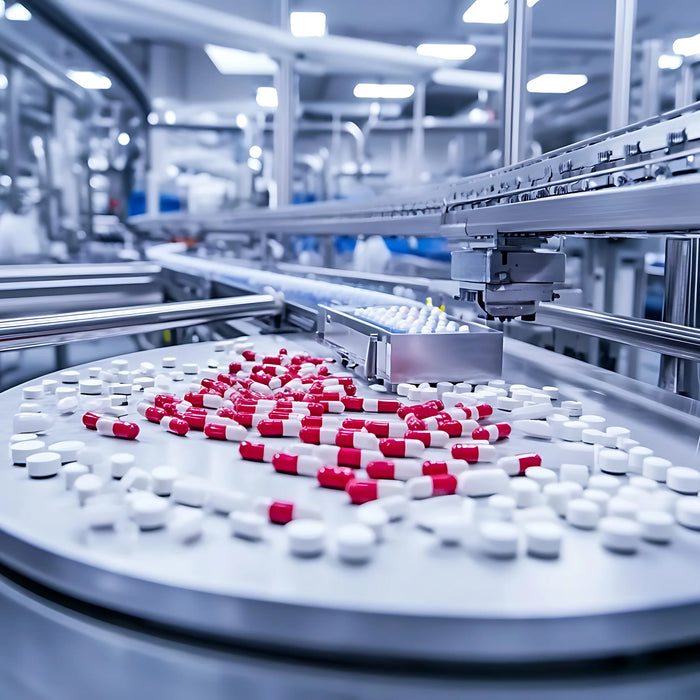 OTC drug establishment registration: tablet manufacturing line in a pharmaceutical facility
