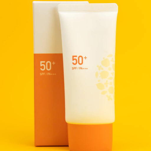 OTC drug listing and NDC per SKU: SPF 50+ sunscreen tubes on an orange background