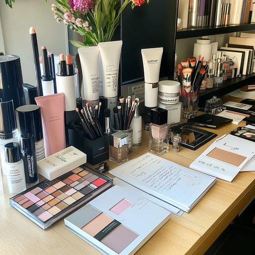 US agent for cosmetic facilities: makeup and skincare products arranged on a studio desk