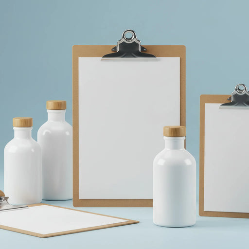 US responsible person for cosmetics: clipboards and white cosmetic bottles on a blue backdrop